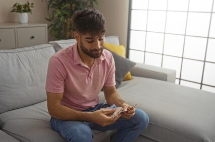 Young Hispanic man with a beard, sitting on a sofa in a living room, counting Mexican pesos, creating a relaxed and homely atmosphere indoors.