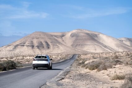 White modern rental car in Jandia, Fuerteventura, Canary Islands
