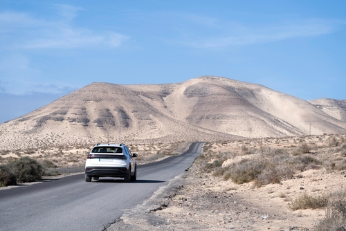 White modern rental car in Jandia, Fuerteventura, Canary Islands