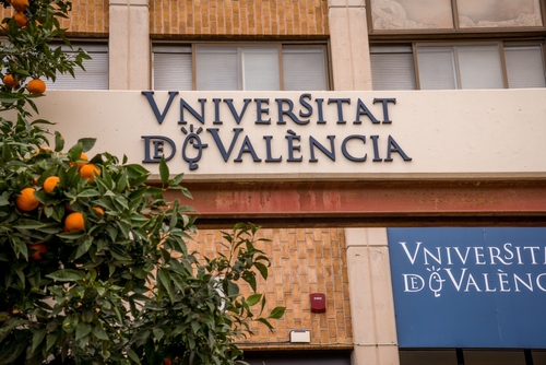 Logo of the University of Valencia at the Entrance of the Faculty Former Teacher College Building