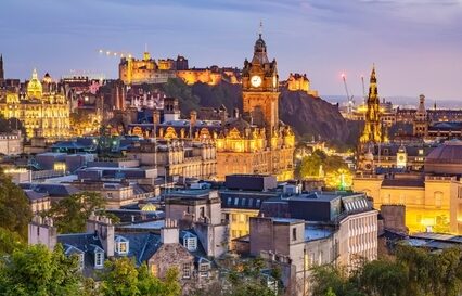 Night scene of Edinburgh skyline, view from Calton Hill, Scotland