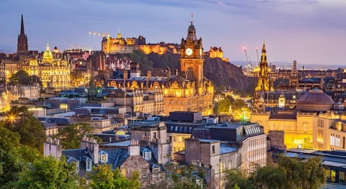 Night scene of Edinburgh skyline, view from Calton Hill, Scotland