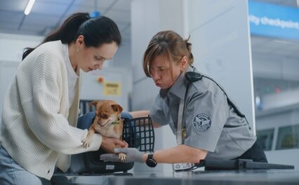 Airport Terminal: Woman with Chihuahua at security checkpoint.