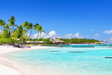 Beautiful white sand beach and turquoise Caribbean sea in Cap Cana, Dominican Republic.