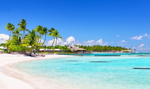 Beautiful white sand beach and turquoise Caribbean sea in Cap Cana, Dominican Republic.