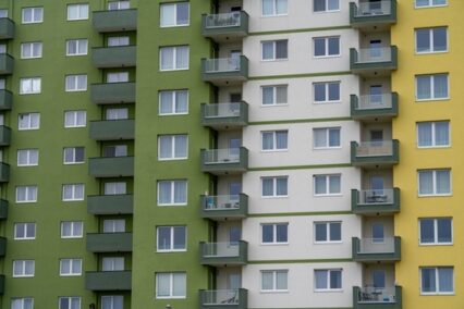 New, modern apartment building close up in Transylvania, Romania.