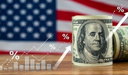 The US financial picture shows a rising arrow over the US currency
