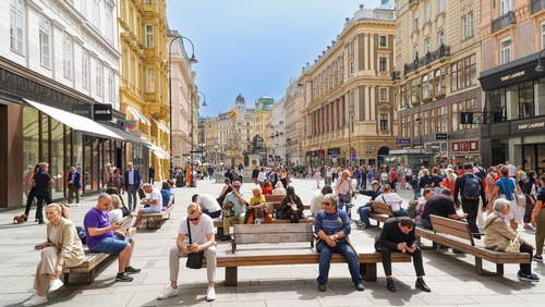 Crowd of people on the main street in Vienna, Graben street.