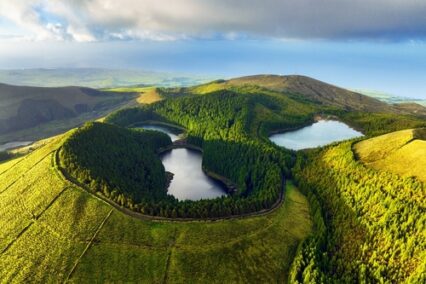 Aerial view of beautiful lagoon in Azores.