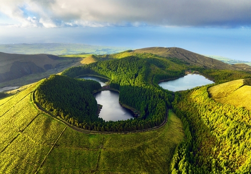 Aerial view of beautiful lagoon in Azores.