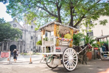 Traditional Kalesa horse carriage with San Agustin Church background in Intramuros Manila Philippines