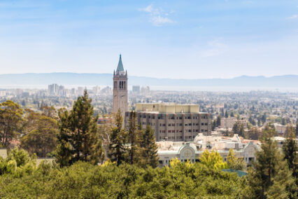 Berkeley University with clock tower and city view.
