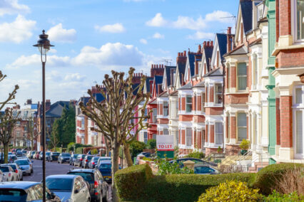 Row of typical English terraced houses in West Hampstead, London
