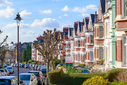 Row of typical English terraced houses in West Hampstead, London