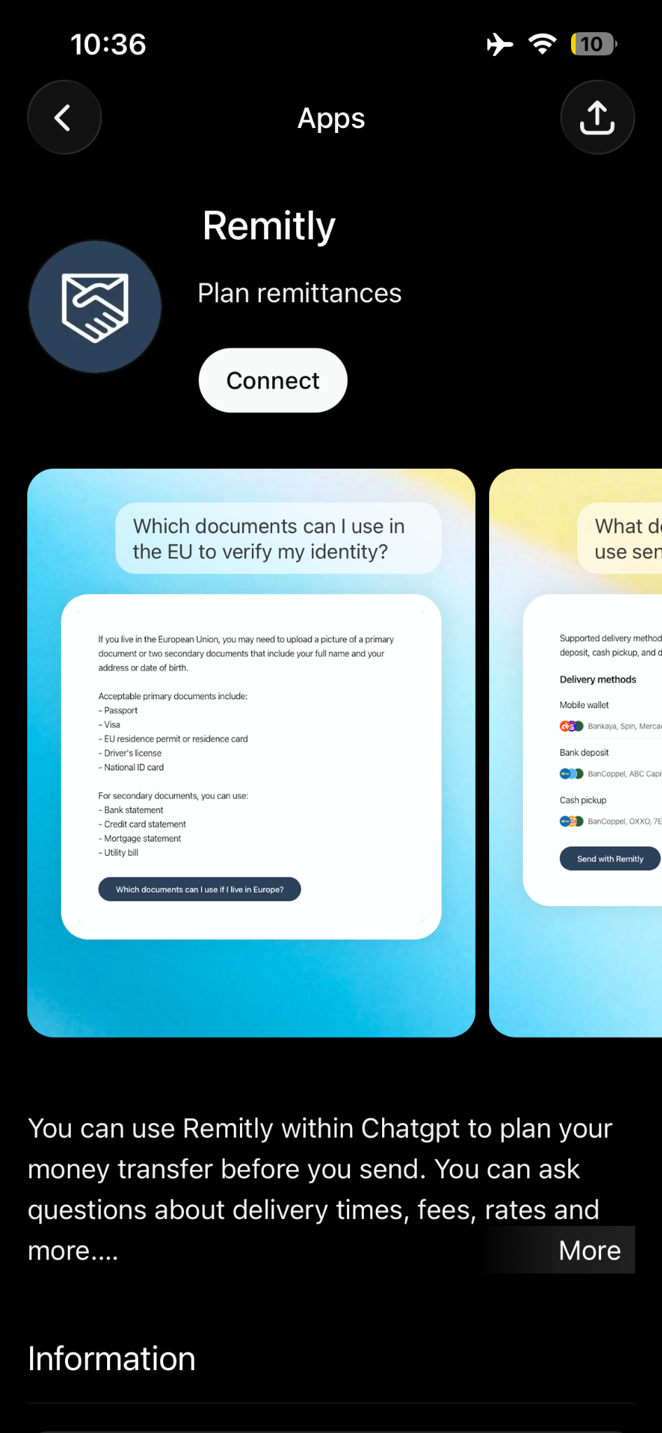 ChatGPT apps page displaying the Remitly integration with examples of remittance planning and support information.