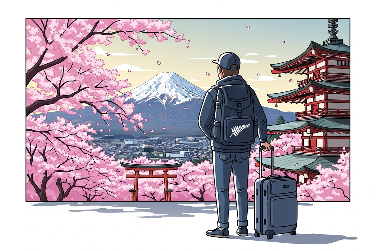 Traveler with luggage viewing Mount Fuji, cherry blossoms, and a Japanese pagoda.