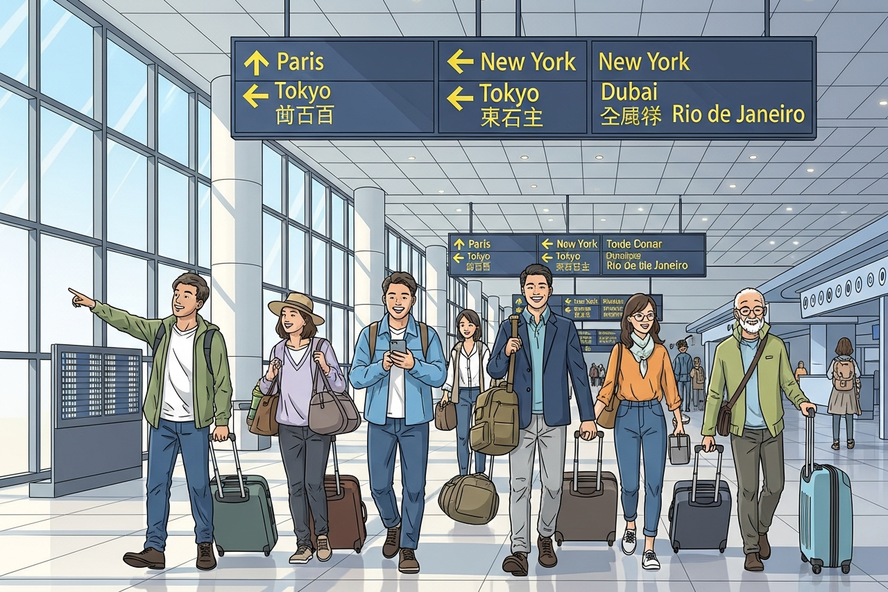 Travelers with luggage walking through an international airport terminal.