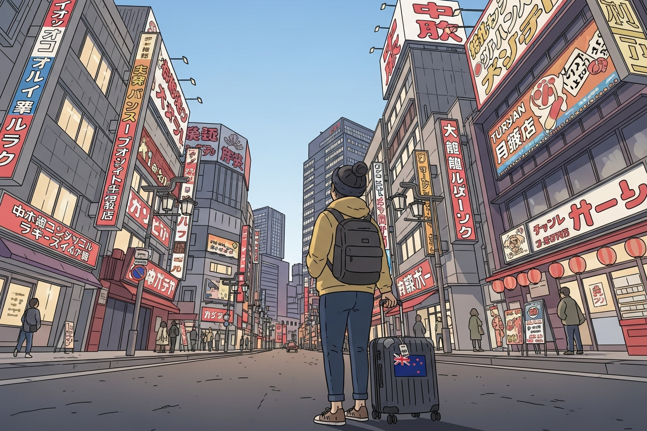 Traveler with luggage standing on a busy city street in Japan.