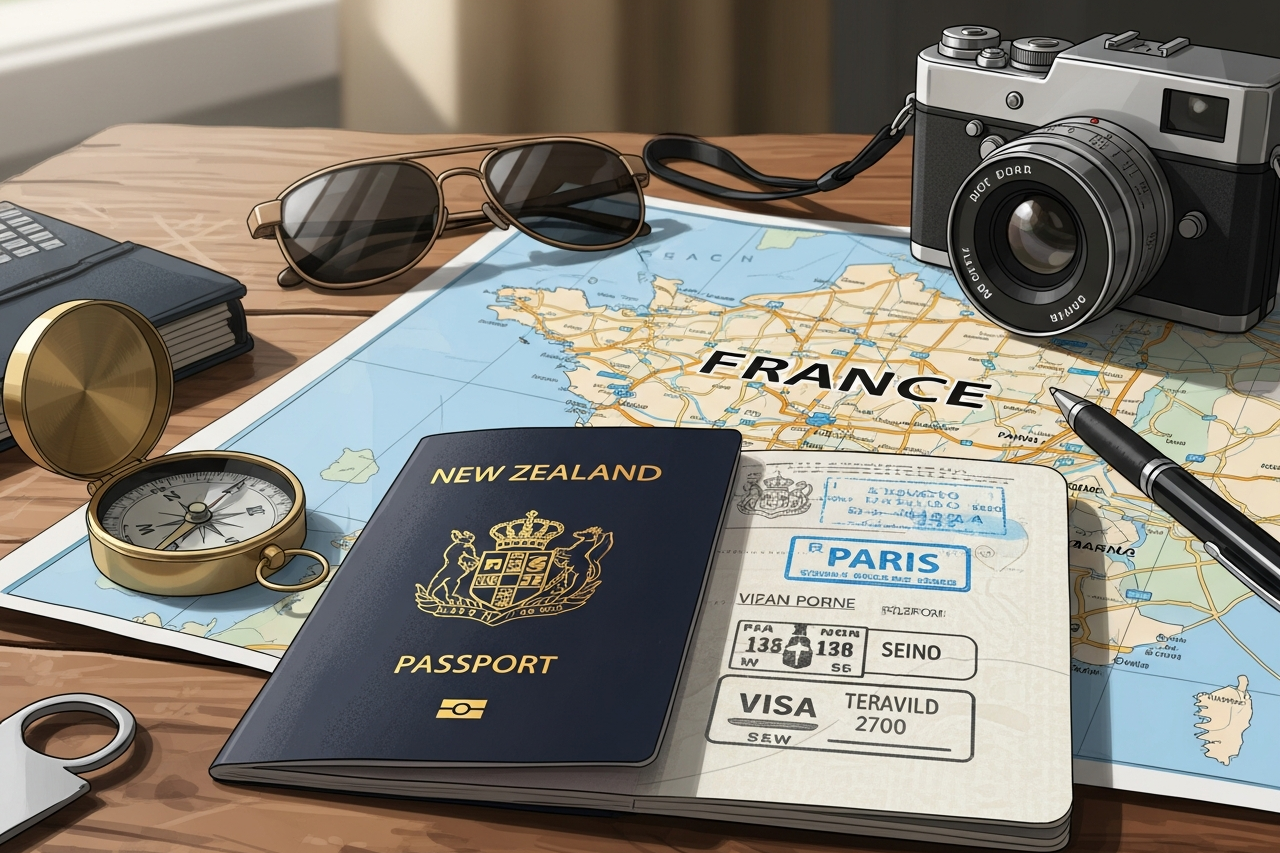 New Zealand passport and travel documents on a map of France.