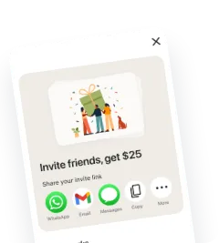 The Refer a friend screen in the Remitly app offering $25, with options to share an invite link.