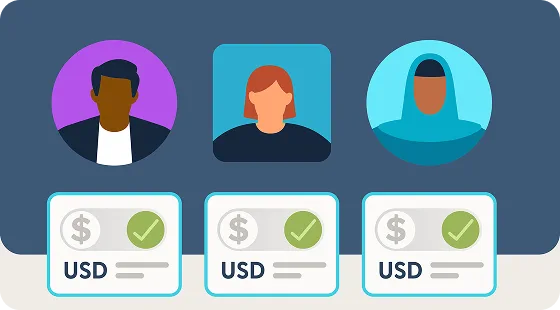 Illustration of three payees with USD account cards
