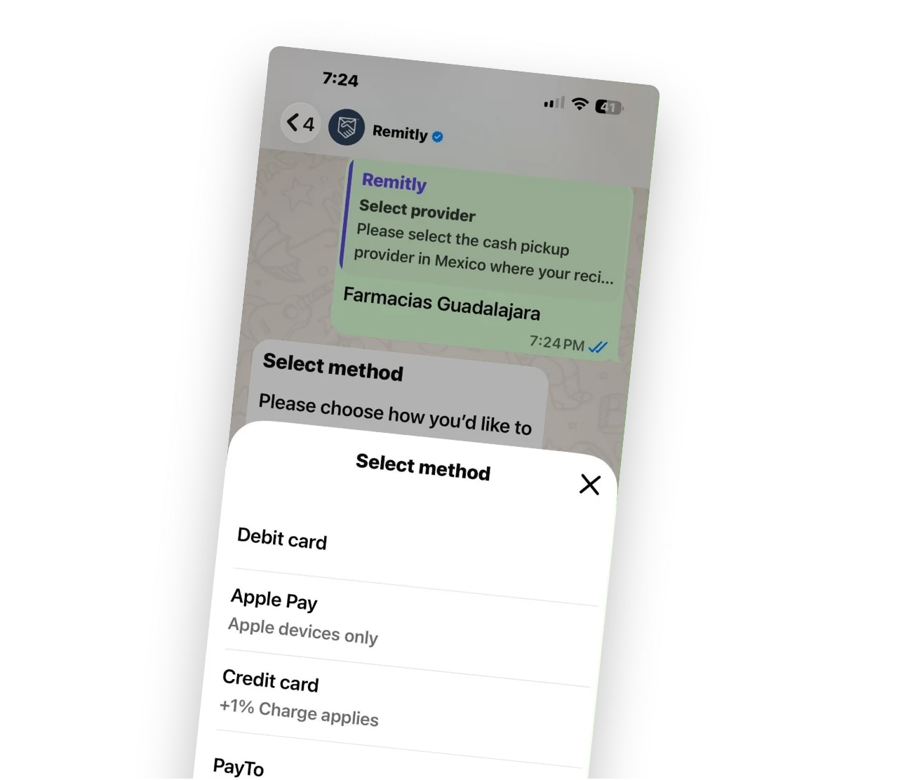 A WhatsApp conversation with Remitly’s verified account, choosing a cash pickup provider and a payment method for a transfer.