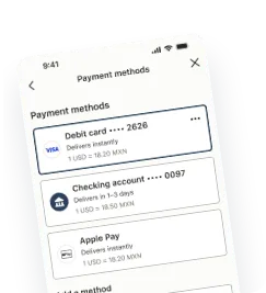The payment methods screen in the Remitly app, listing a debit card, a checking account and Apple Pay.