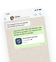 A text conversation in which the sender shares a Remitly link for a $100 transfer that the recipient can accept.