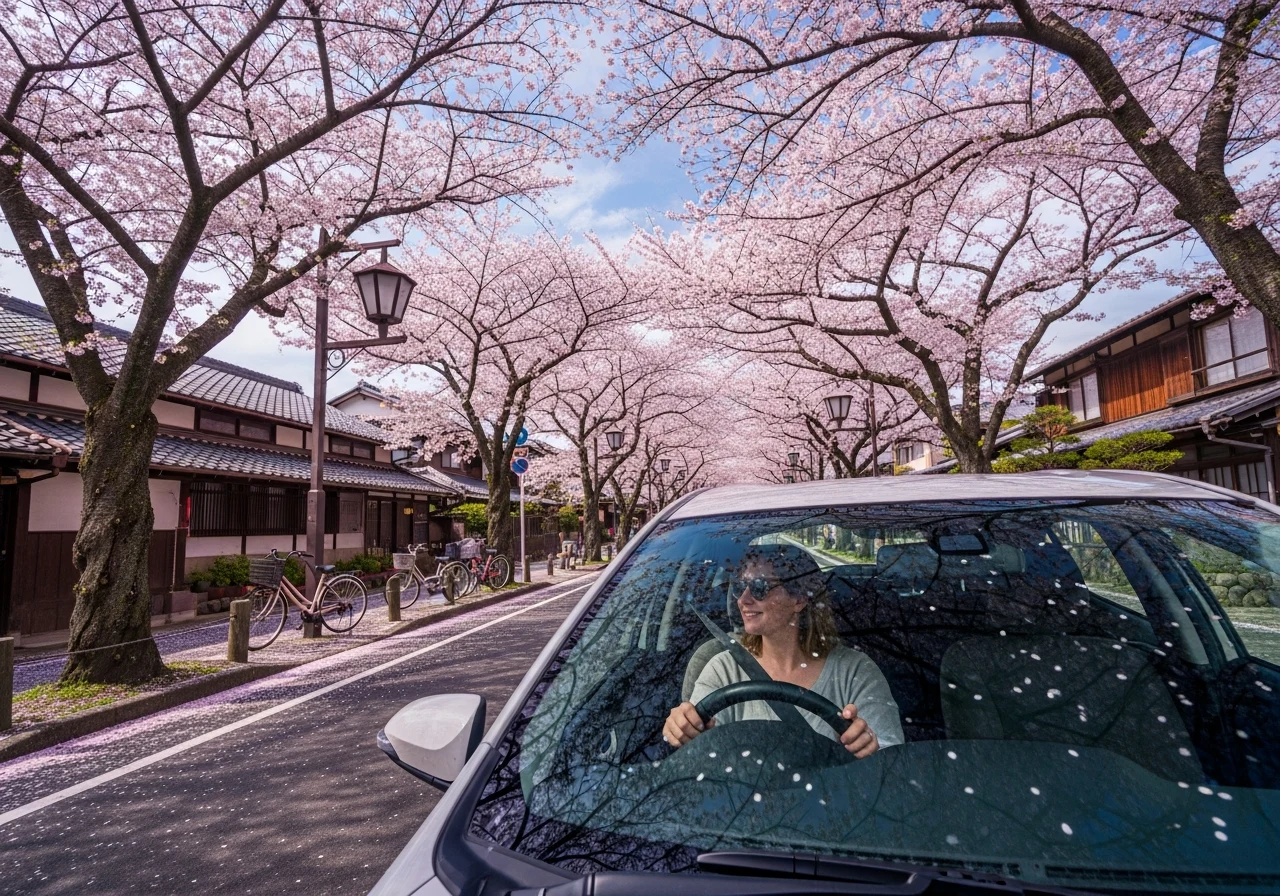 Person driving a white car along a street lined with cherry blossom trees.