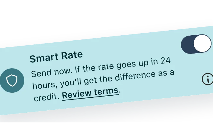 The Smart Rate panel in the Remitly app: send now, and if the rate goes up within 24 hours you get the difference as a credit.