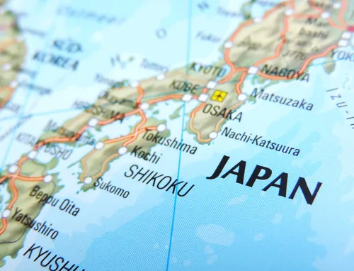 Close-up of a map of Japan showing Osaka, Kyoto and Shikoku.