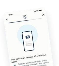 A Remitly app guide explaining how paying by wire transfer works for larger transfers.