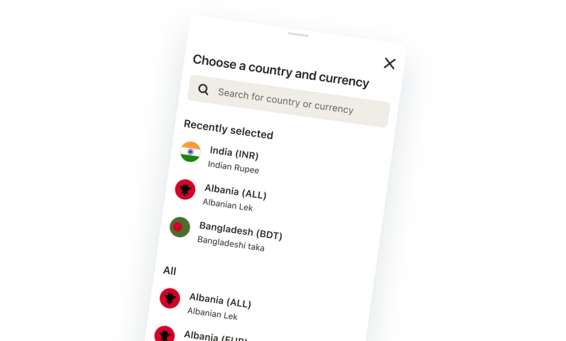 The Remitly country and currency picker listing recently selected and all supported sending options.