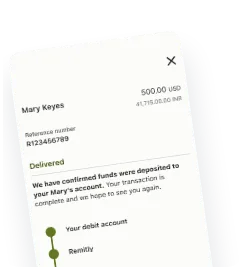 A delivered transfer in the Remitly app, with a timeline confirming the money was deposited to the recipient’s account.