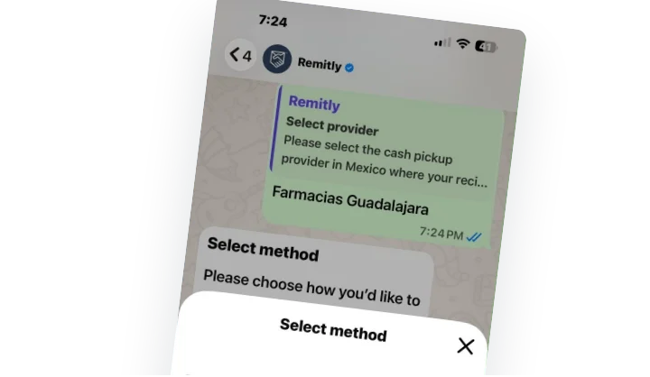 Remitly’s verified WhatsApp chat asking the sender to choose a cash pickup provider and a payment method.