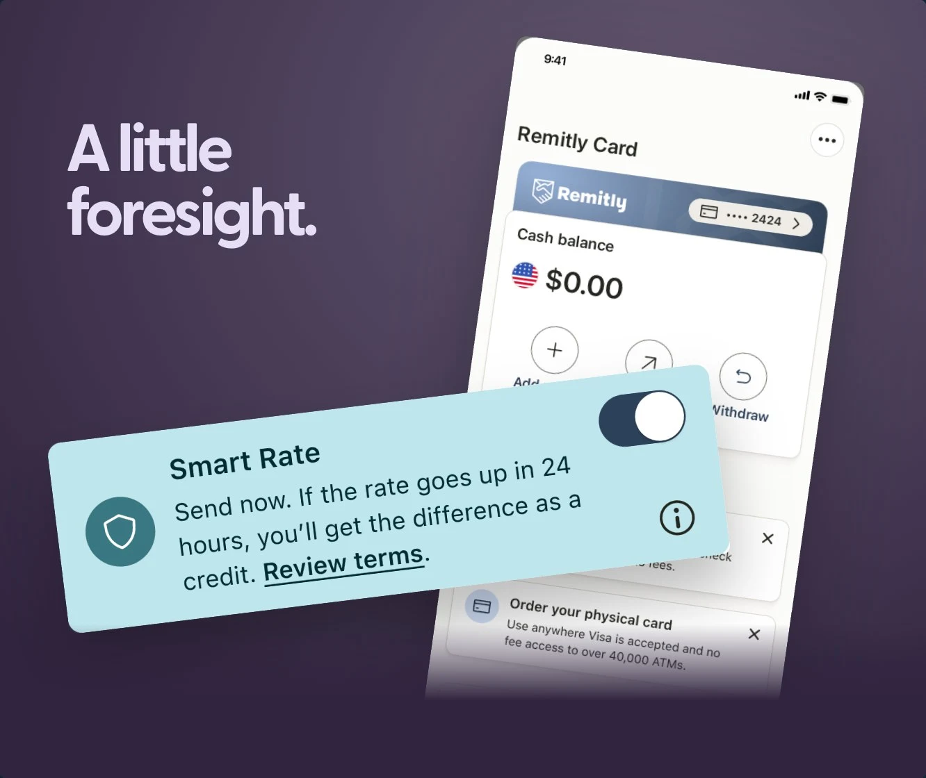 Remitly Card Home with the Smart Rate panel. US product design with sample values.