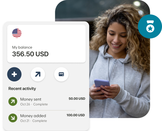 A person checking their phone beside a Remitly Wallet screen showing the account balance and recent activity.
