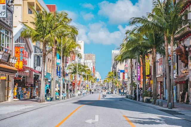 Palm-lined Kokusai Street in Naha, Okinawa, under a bright blue sky.