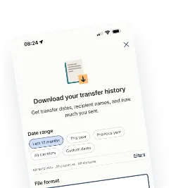 The Download your transfer history screen in the Remitly app, with date range and file format options.