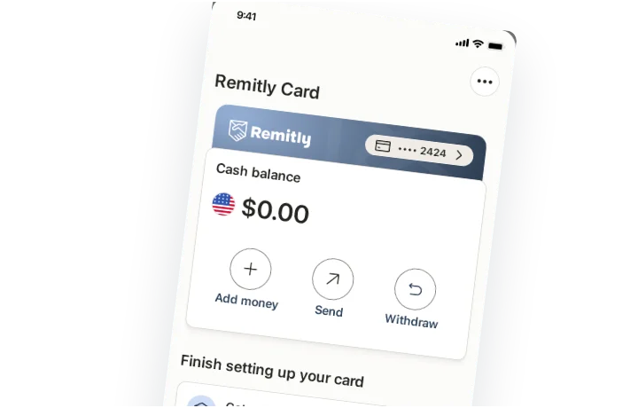 The Remitly Card home screen with the cash balance and the Add money, Send and Withdraw actions.