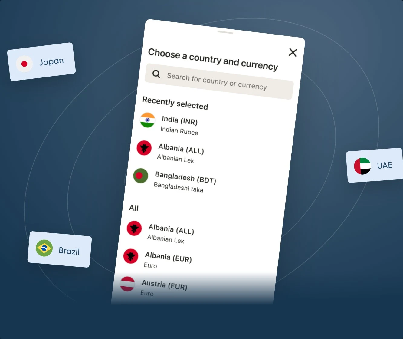 Choosing a country and currency in the Remitly app, with Japan, Brazil, and the UAE highlighted.