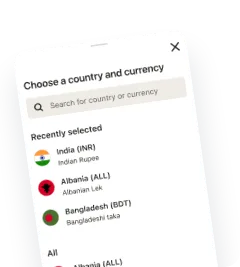 The country and currency picker in the Remitly app, listing recently selected countries such as India, Albania and Bangladesh.