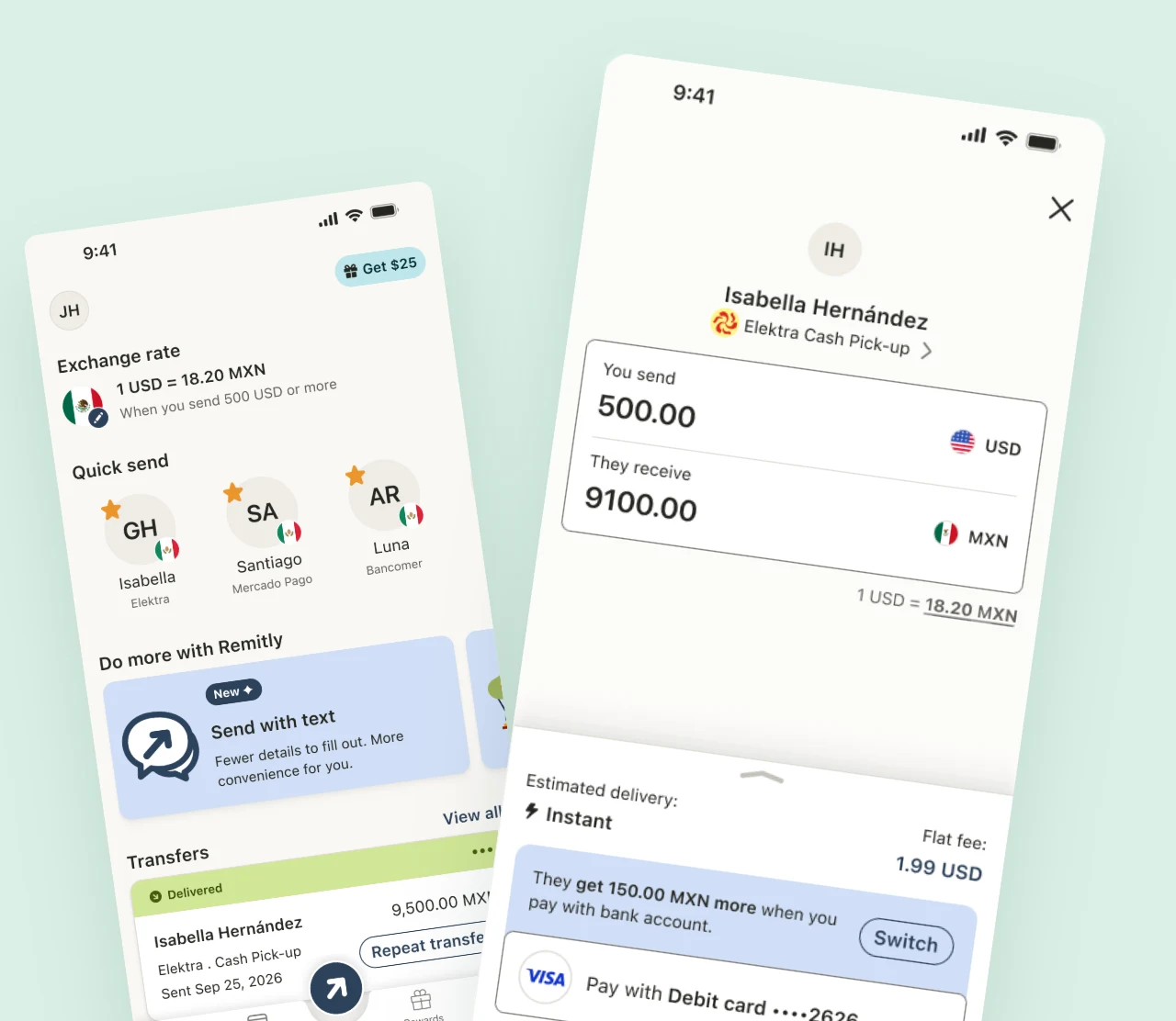 The refreshed Remitly Home screen with saved recipients next to Hub, which brings the amount, delivery method, and payment option into one view.