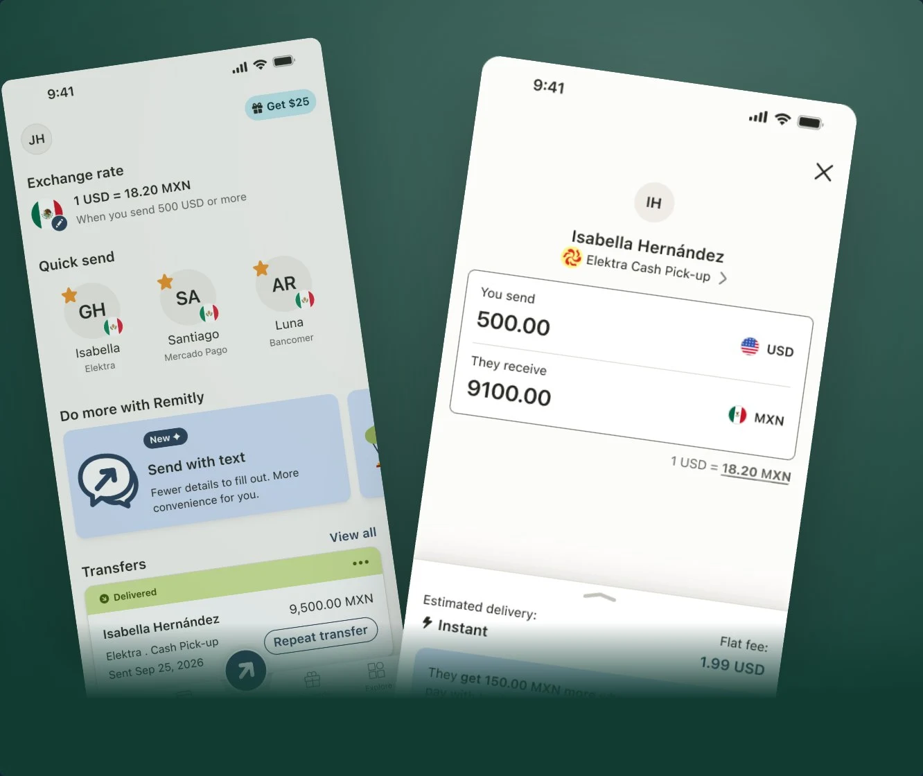 The refreshed Remitly Home screen next to Hub, which brings the amount, delivery method, and payment option into one view.
