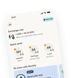The Remitly Home screen showing today’s exchange rate for sending US dollars to Mexican pesos.