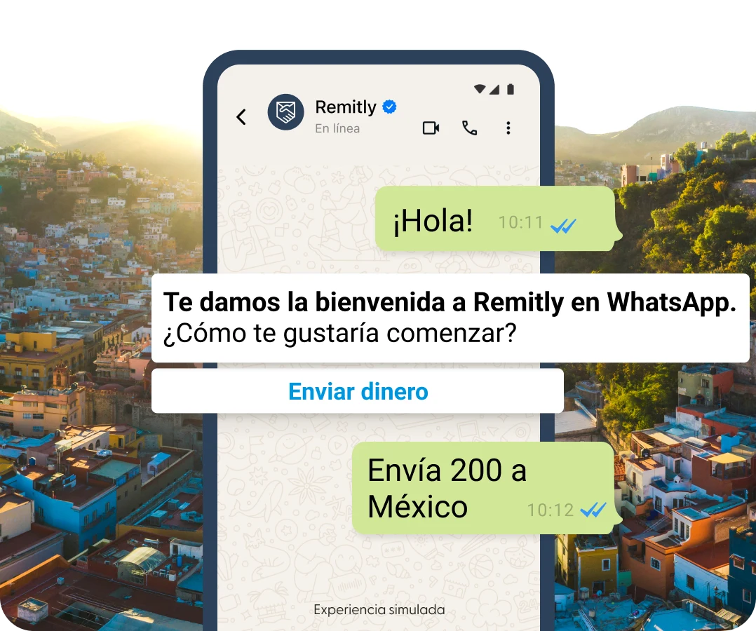 Burbujas de conversación simuladas en WhatsApp que muestran a una persona que quiere empezar un envío.