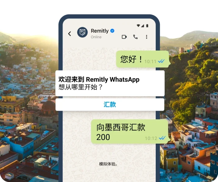 WhatsApp 中的模拟对话气泡,展示了一位想要开始汇款的客户。
