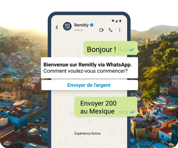 Simulation de bulles de conversation dans WhatApp montrant un client qui veut commencer un transfert.