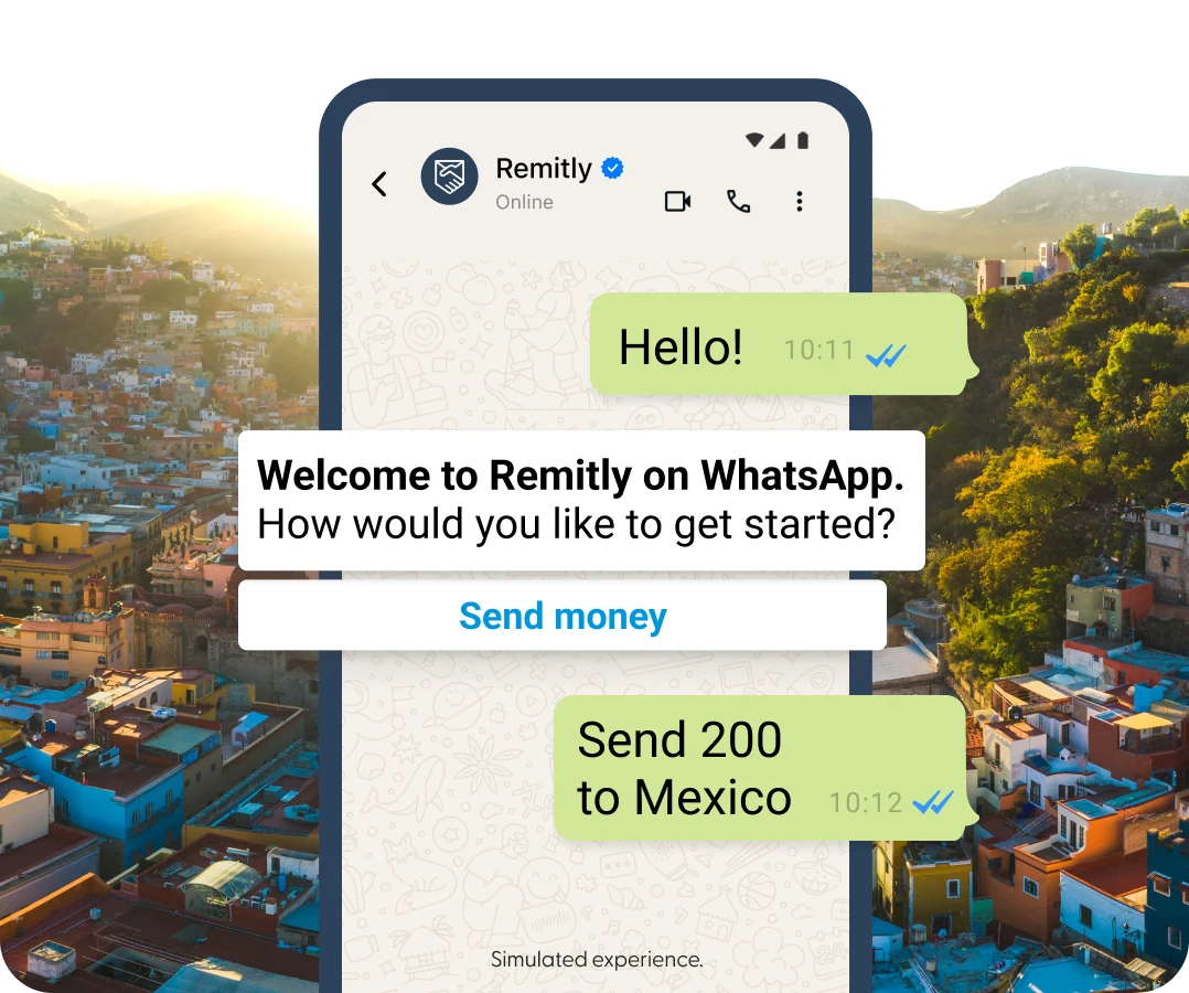 Simulated conversation bubbles in WhatApp showing a customer who wants to start a transfer.