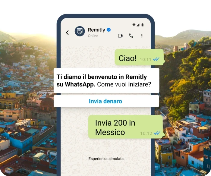 Simulazione di finestre di conversazione di WhatsApp che mostrano un cliente che vuole avviare un trasferimento.